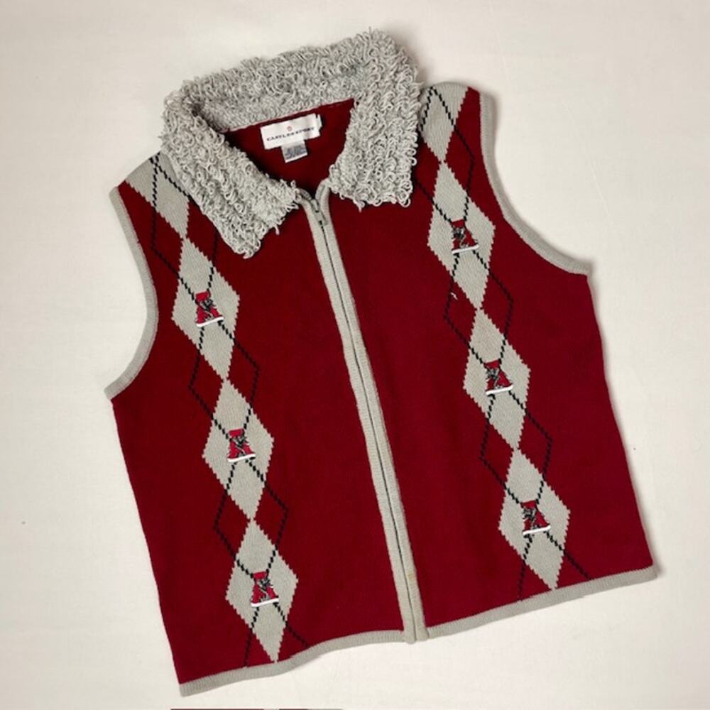 Vintage 90s Elephant Argyle Sweater Vest Sherpa Collar Quirky Preppy Eclectic